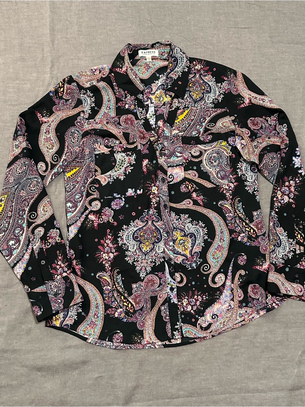 Express Black Paisley Button-Up Shirt with Multicolor Accents